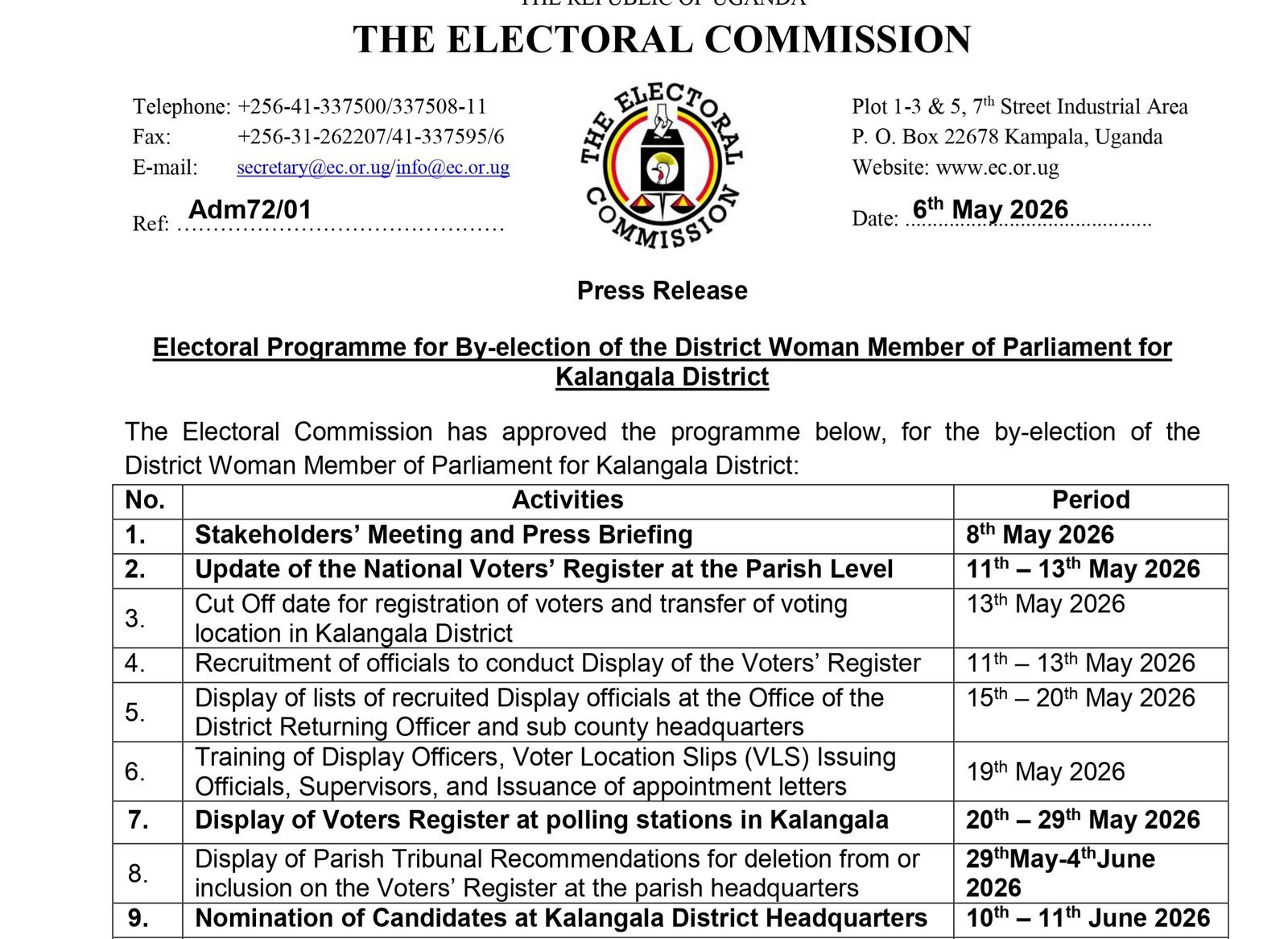 Electoral Commission erangiridde olwa nga 24 June,2026 okuddamu okulonda omubaka omukyala owa district y'e Kalangala