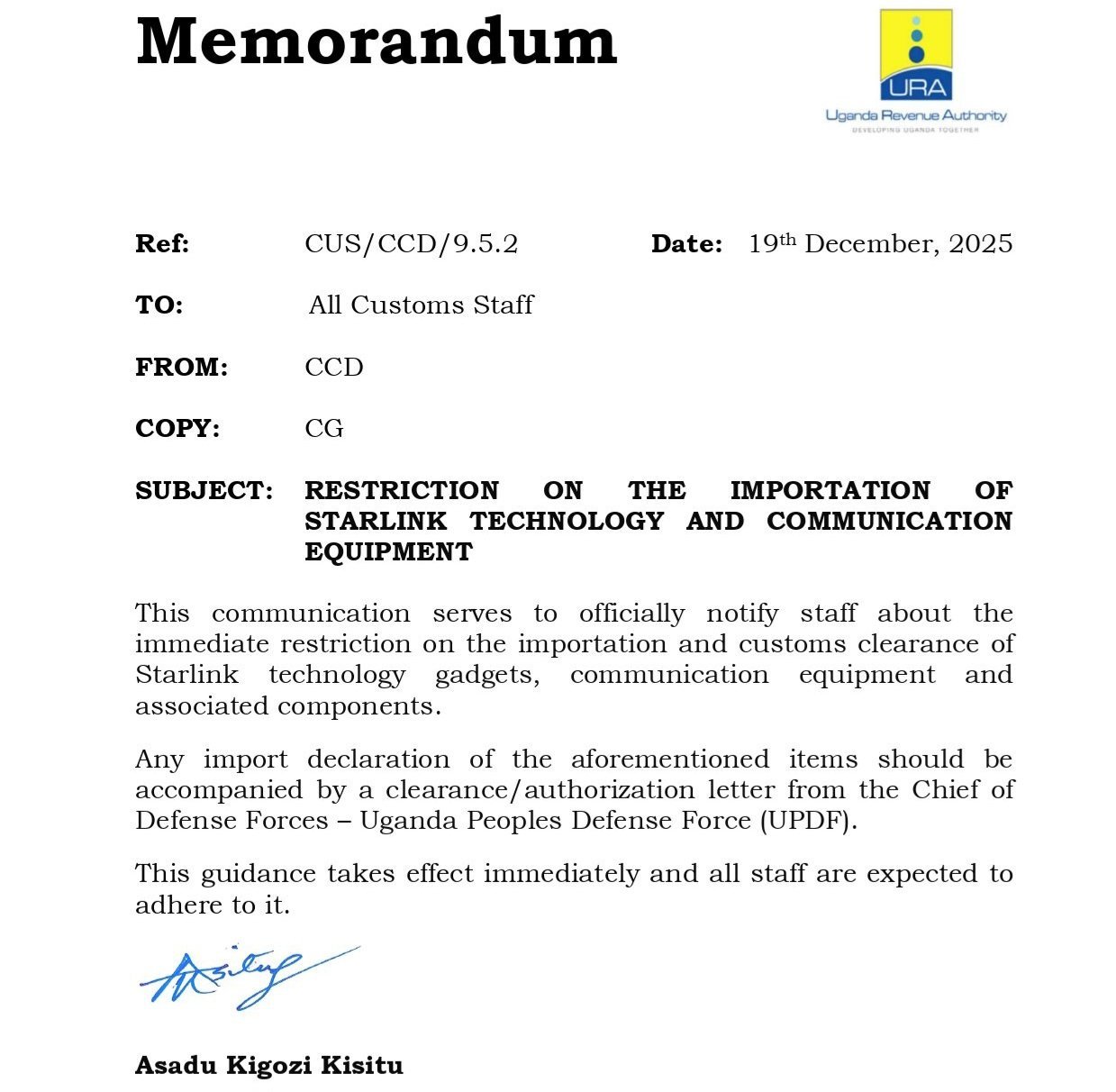 Government etaddewo obukwakkulizo ku bayingiza mu Uganda ebyuma by'empuliziganya ebya kampuni ya StarLink - ababireeta balina okufuna olukusa okuva eri amagye g'eggwanga