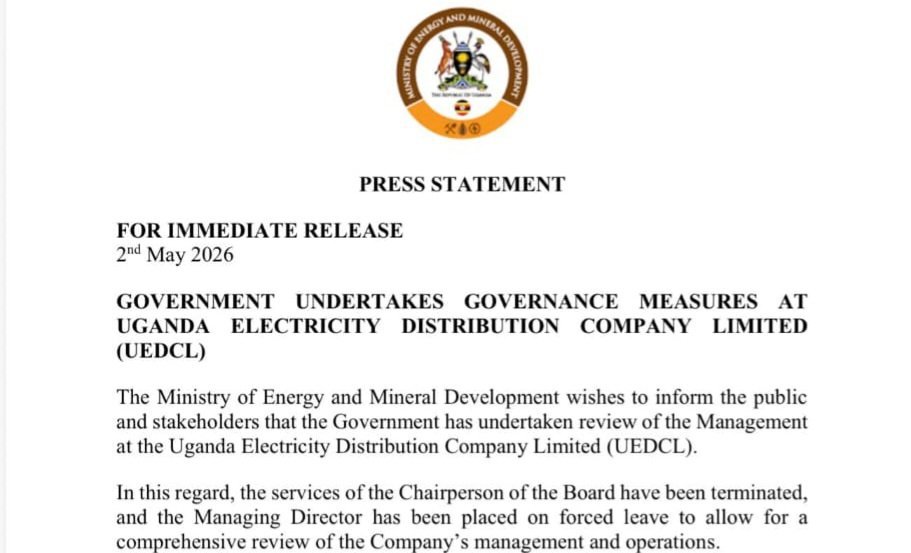 Government ya Uganda eyimirizza abakulira ekitongole ky'amasannyalaze ekya UEDCL -  ekyekenneenya enkola y'emirimu gyakyo