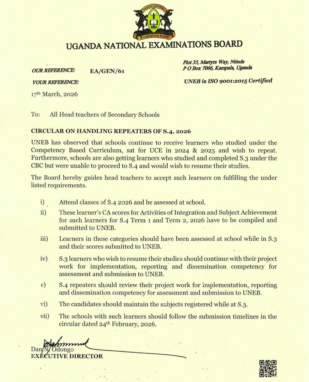 UNEB efulumizza obukwakkulizo obulina okugobererwa abayizi abaagwa ebibuuzo bya S.4 mu 2024 ne 2025 - balina okuddamu okusoma babikole omwaka guno 2026