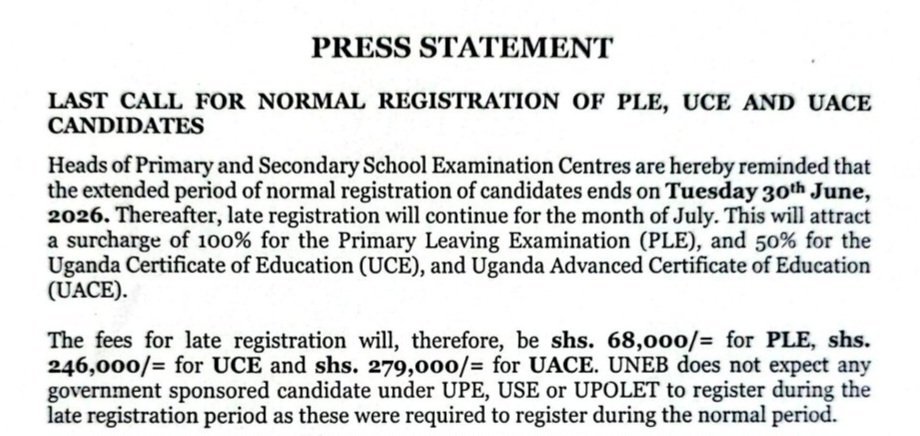UNEB yakawandiisa abayizi akakadde kamu n'ekitundu abagenda okutuula ebigezo bya 2026 - nsalesale w'okuwandiisa abasigadde wa nga 30 June